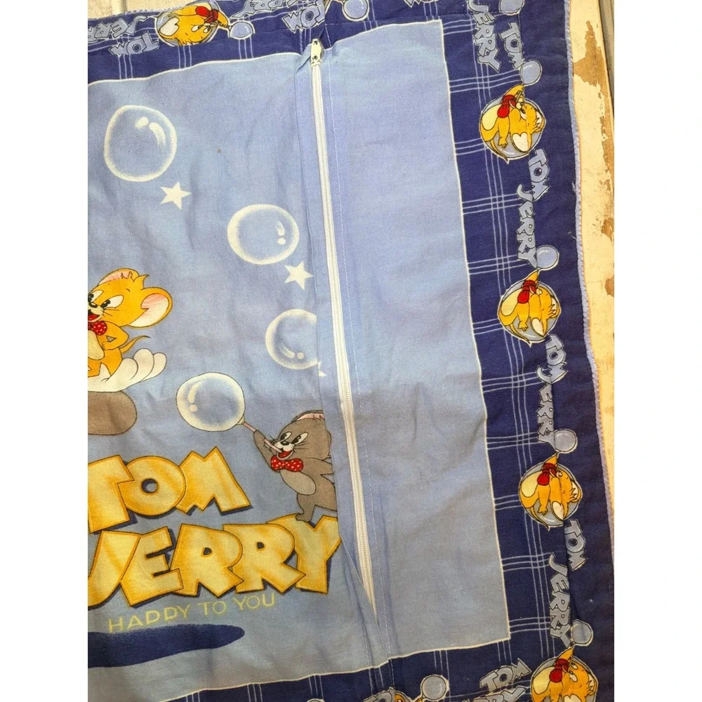 Vintage Tom and Jerry Quilted Pillow Sham Blue Zippered Cartoon Bedding